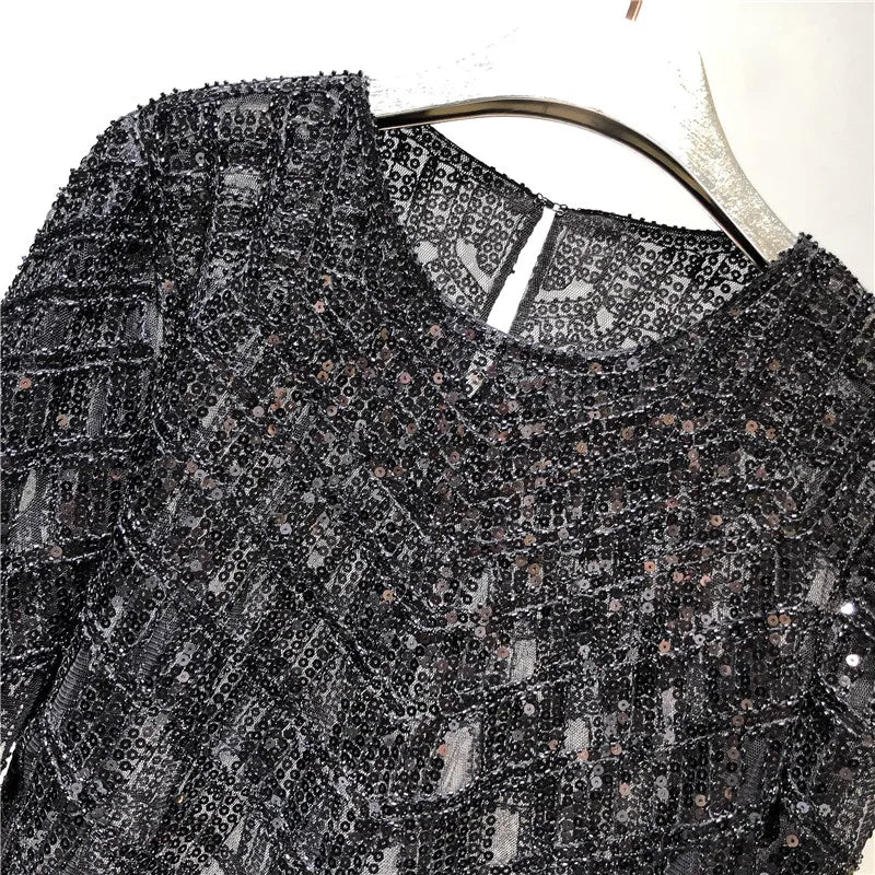 Fashion Sequin Beading Shirt Women Luxury Sexy Full Sleeve O-neck Pullovers Tops