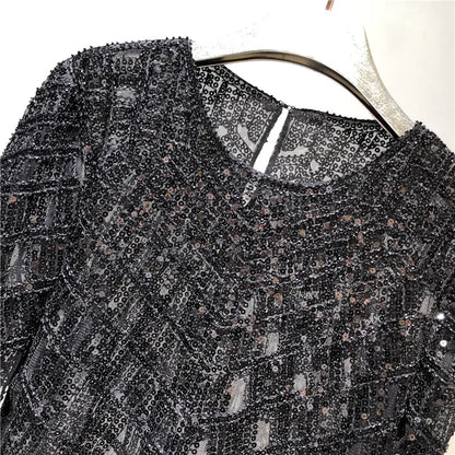 Fashion Sequin Beading Shirt Women Luxury Sexy Full Sleeve O-neck Pullovers Tops