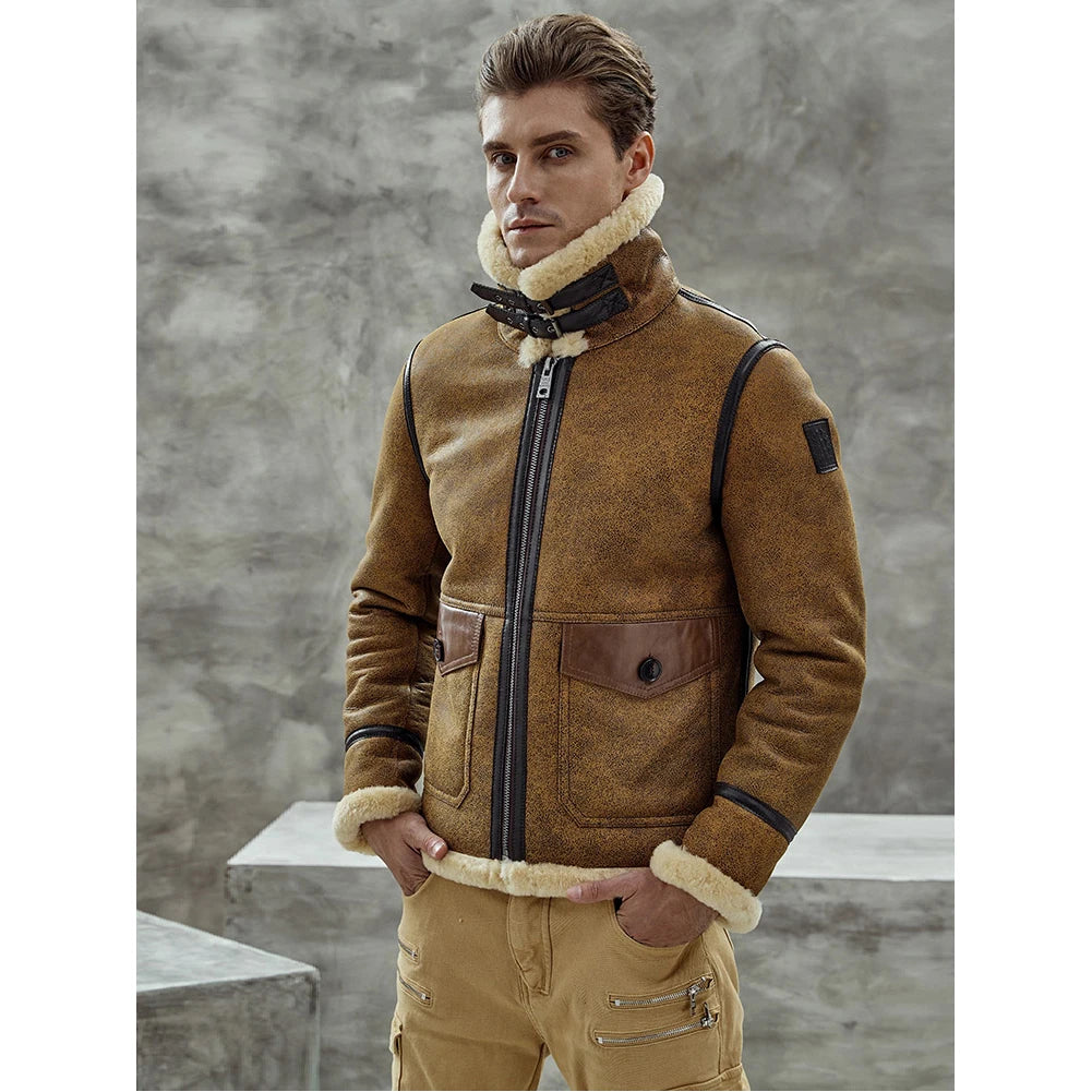 Denny&Dora Men's Vintage Brown Sheepskin Leather Jacket B3 Bomber Pilots Coat Fur Collar Flying Jacket