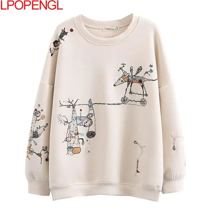 Harajuku Sweatshirt Women 2026 Autumn Winter New Fashion Casual Stitch-embroidered Long-sleeved O- Neck Breathable Hoodie Top