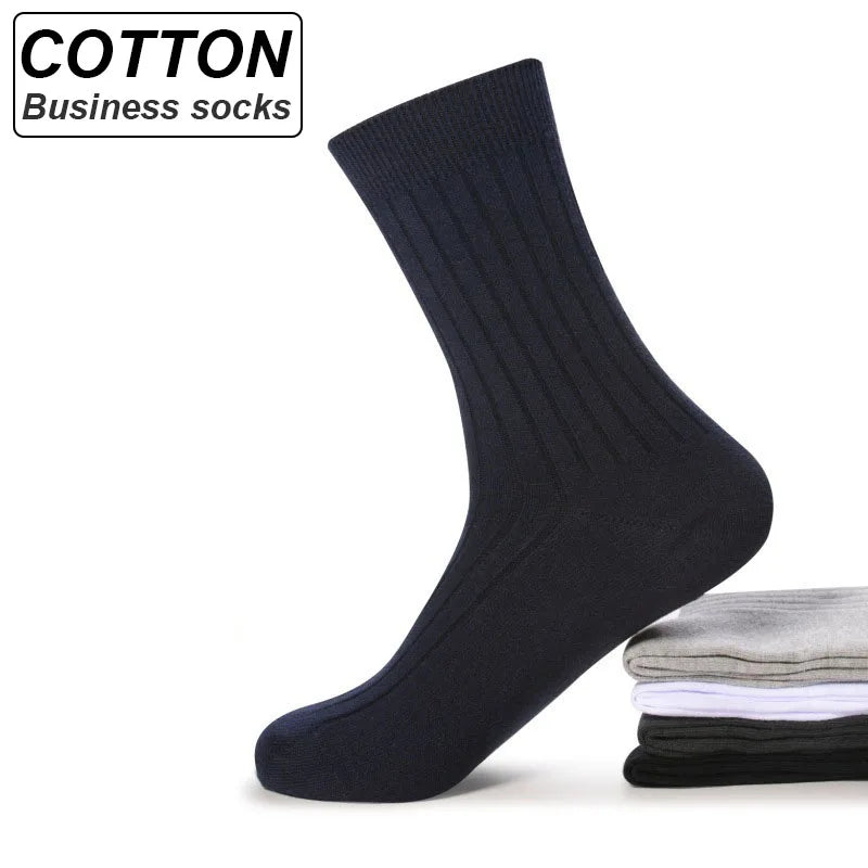 High Quality 5Pairs/lot New Men's Socks Cotton Black White Business Man Socks Breathable Stripes Double Needle Male Long Socks