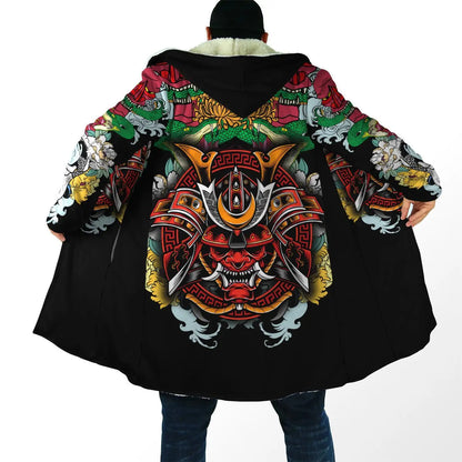 2024 winter Mens Hooded cloak Samurai Oni Mask Tattoo 3D Printing Fleece wind breaker Unisex Casual Warm Hood cloak PF04