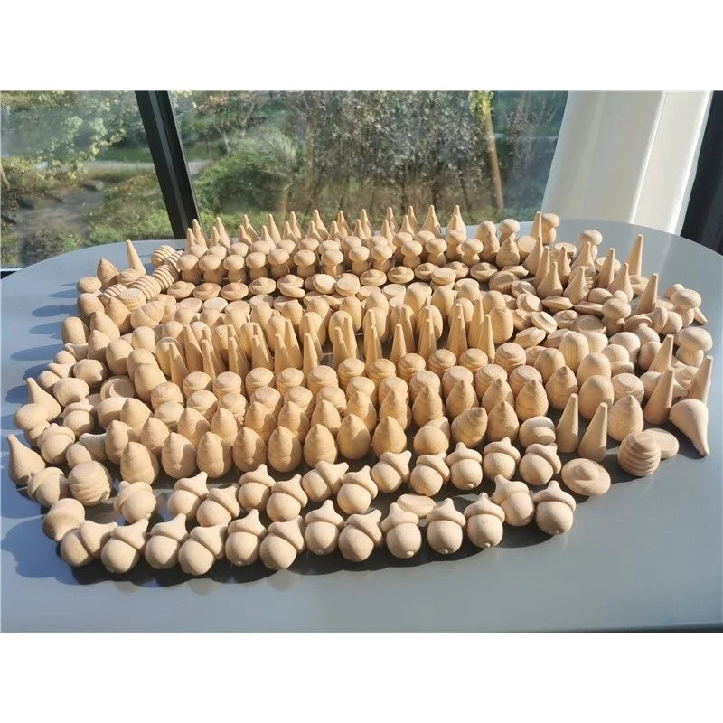 Kids Wooden Montessori Toys Rainbow Loose Parts Wood Mushrooms Honeycomb Droplets Bamboo Shoots Acorns Tree Cones