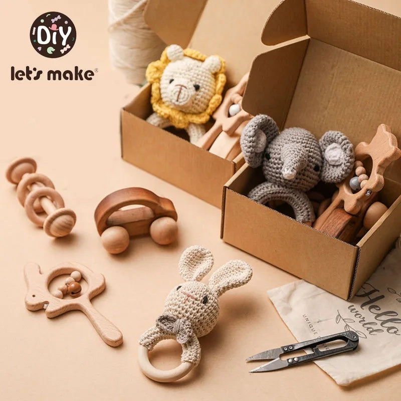 Let's Make 4pcs/set Wooden Rattle Sets Cartoon Animal Crochet Rattle Wood Car Block Soother Teether Set Montessori Toddler Toy