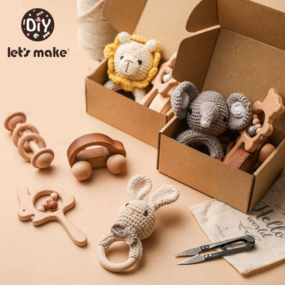 Let's Make 4pcs/set Wooden Rattle Sets Cartoon Animal Crochet Rattle Wood Car Block Soother Teether Set Montessori Toddler Toy