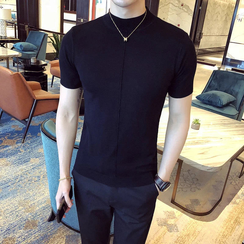 7 Colors Half High Collar Men T-shirt New 2026 Summer Short Sleeve  Solid Color Sweater Pullover T Shirt Slim Knitted Tees Top