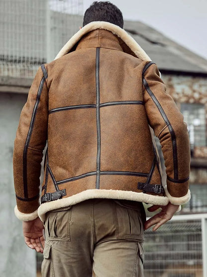 Denny&Dora Men's Brown Leather Shearling Bomber Jacket B3 Winter Parka Fur Coat Natural Sheepskin Outerwear for Cold Weather