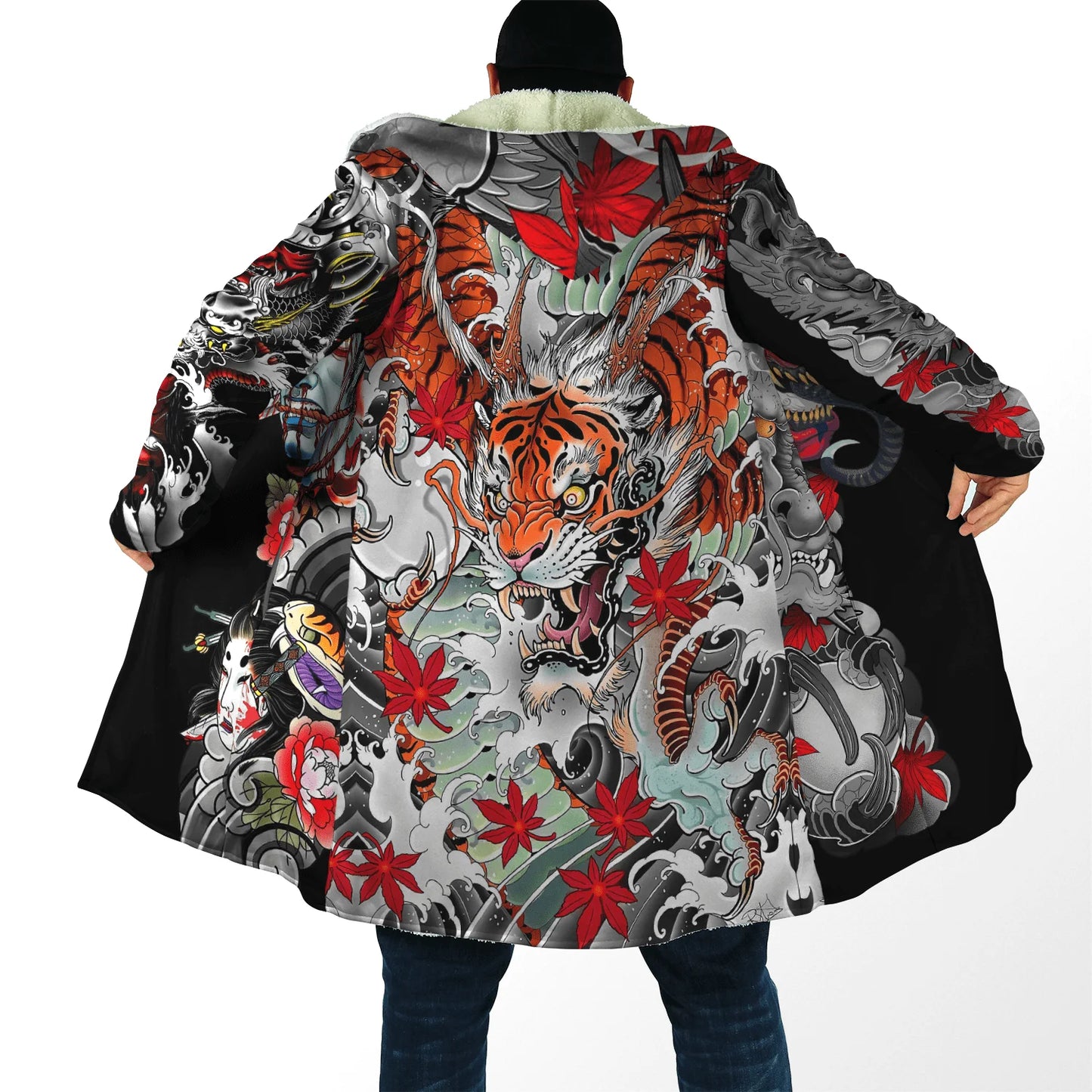 Drop shipping Winter Mens Cloak Samurai Oni Mask Tattoo 3D Printing Fleece Hooded cloak Unisex Casual Thick Warm Cape coat PF31