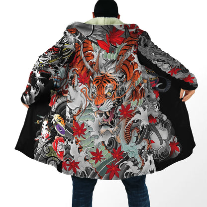 Drop shipping Winter Mens Cloak Samurai Oni Mask Tattoo 3D Printing Fleece Hooded cloak Unisex Casual Thick Warm Cape coat PF31