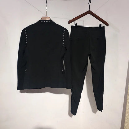 Suit Jacket Set Men England Style Black Single Breasted Slim Fit Blazer Pants Two Piece Set Fashion Night Club Rivets Coat