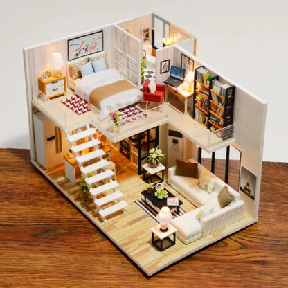 DIY Wooden Doll House with Furniture Miniature Dollhouse Furniture Kit with LED Toys for Children Adult Christmas Birthday Gift