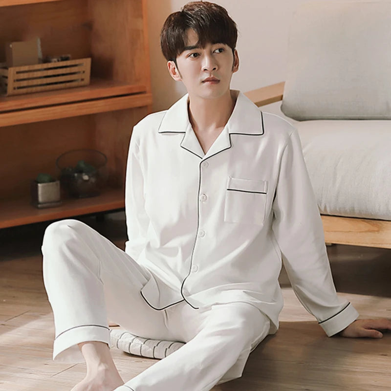 Blue Cotton Pajamas Winter Men Sleepwear Nightwear Full Sleeves PJ Pijama Hombre Home Clothes 2 Pieces Set Cotton Pyjama Homme