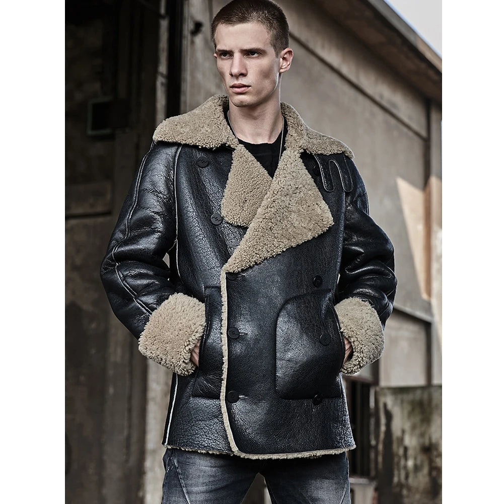 Denny&Dora Mens Sheepskin Shearling Jacket Fur Coat Leather Jacket Fashion Loose Thick Winter Mens Coats