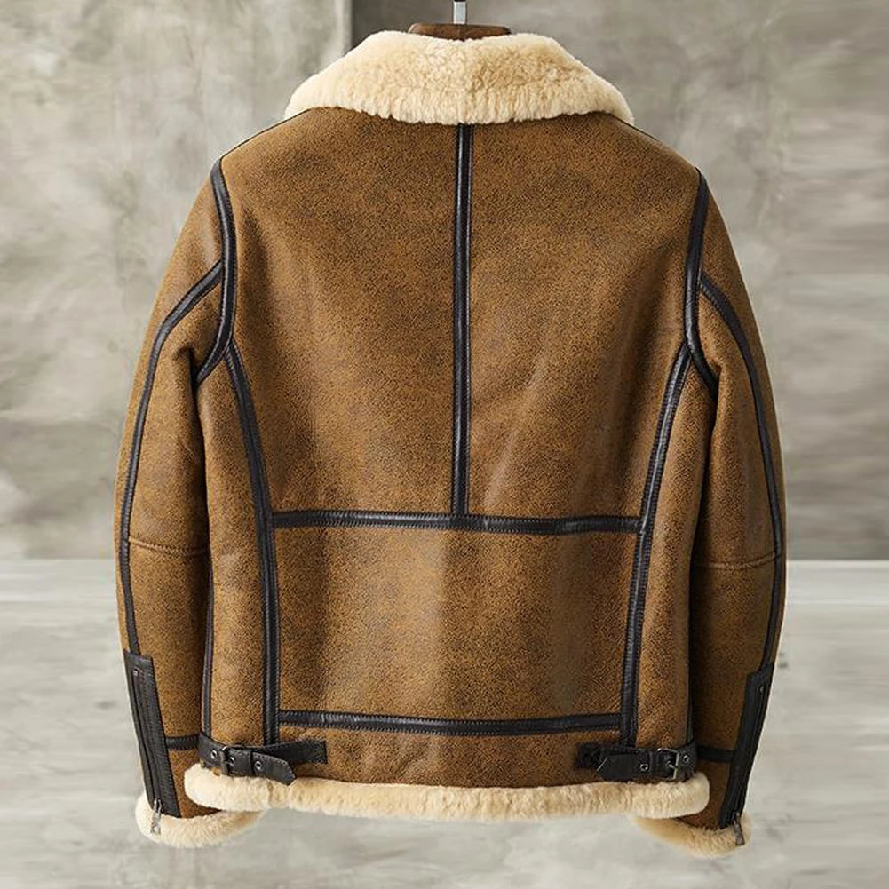 Denny&Dora Men's Vintage Brown Sheepskin Leather Jacket B3 Bomber Pilots Coat Fur Collar Flying Jacket