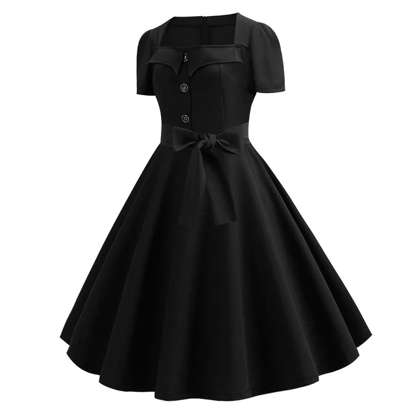 Women's Polka Dot Summer Midi Dress Square Collar Short Sleeve Elegant Vintage Casual Party Holiday Wear