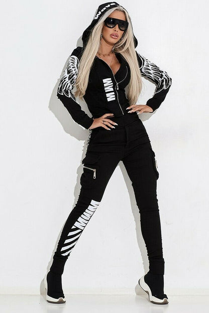 Oshoplive 2025 New Autumn Winter Female Fashion Wing Printed Hooded Zipper Jackets & Elastic Waist Pants Sports Two Piece Set