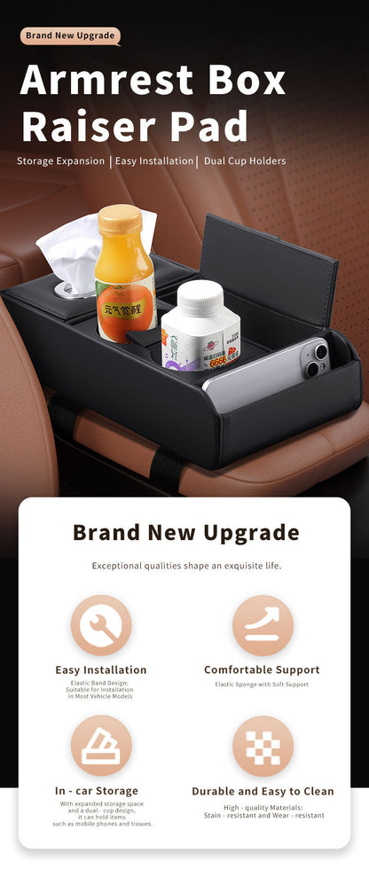 Car Armrest Storage Box Heightening Pad Tissue Box Water Cup Holder Multifunctional Car Storage Box Luxury Console Armrest Pad