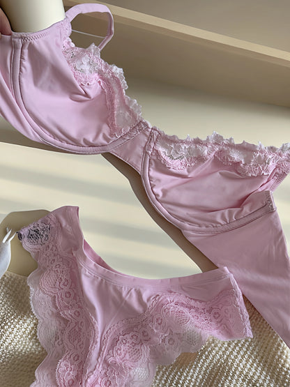 Stretch Lace Bodysuit Set Push-Up (No Pads) Girls' Embroidered Floral Underwear Deep V Ladies Lingerie with Briefs