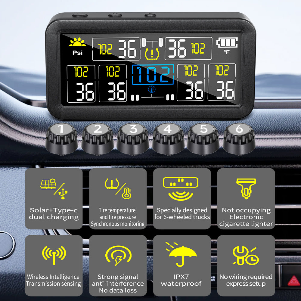 4/6 TPMS Sensors AutoTruck TPMS Digital Display Automobile Truck Tire Pressure Alarm Solar TPMS Tire Pressure Monitoring System