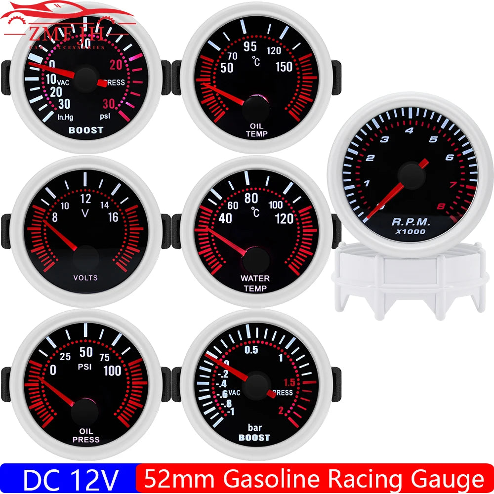 2"52mm Smoke Len PSI/BAR Turbo Boost Gauge Meter Water/Oil Temp Meter Tachometer Vacuum VOLT Oil Pressure for Gasoline Car 12V