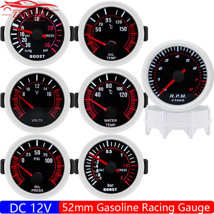 2"52mm Smoke Len PSI/BAR Turbo Boost Gauge Meter Water/Oil Temp Meter Tachometer Vacuum VOLT Oil Pressure for Gasoline Car 12V