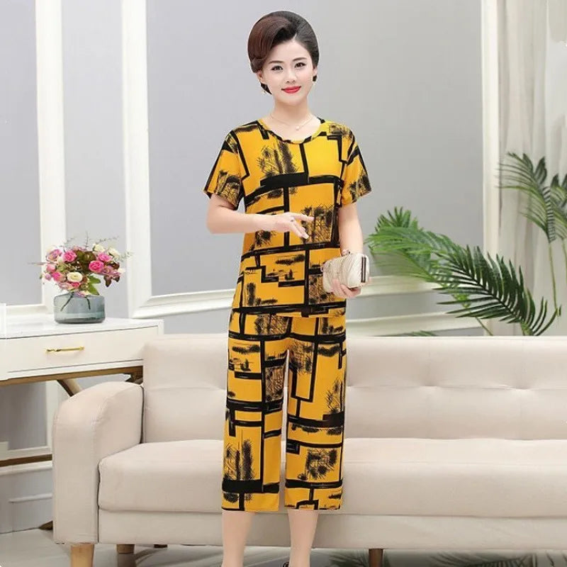 Summer 2025 Ice Silk Loose Fit Short Sleeve round Neck Two Piece Set for Middle-Aged And Elderly Casual Style Comfortable Wear