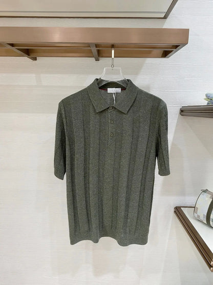 BC Yarn Linen Cotton Blended Lapel Striped Knitted POLO Shirt