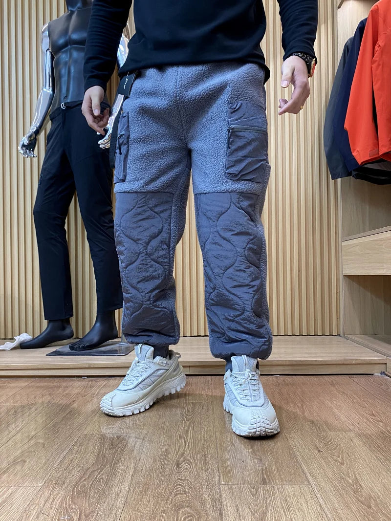 Thickened Outdoor Casual Workwear Cotton Pants for Men Winter Warm Anti-Cold Patchwork Design Straight Leg Long Trousers