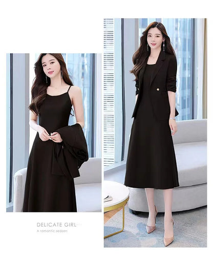 plus Size Women's Dress Suit Set Sleeveless Long Dress with Jacket Autumn Fashion Slimming Two-Piece Set High Waist Korean Style
