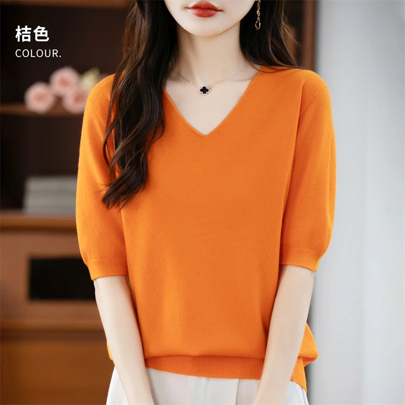 Thin Worsted Wool Short-Sleeved Women's Loose Round Neck T-shirt Printed Summer Fashion Knitted Bottoming Shirt Half-Sleeved
