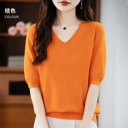 Thin Worsted Wool Short-Sleeved Women's Loose Round Neck T-shirt Printed Summer Fashion Knitted Bottoming Shirt Half-Sleeved