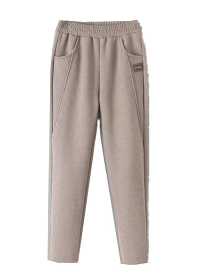 High Waist Thickened Fleece Women's Pants Autumn Winter Casual Loose Mom Pants Harlan Style Pocket Detail Elastic Waist