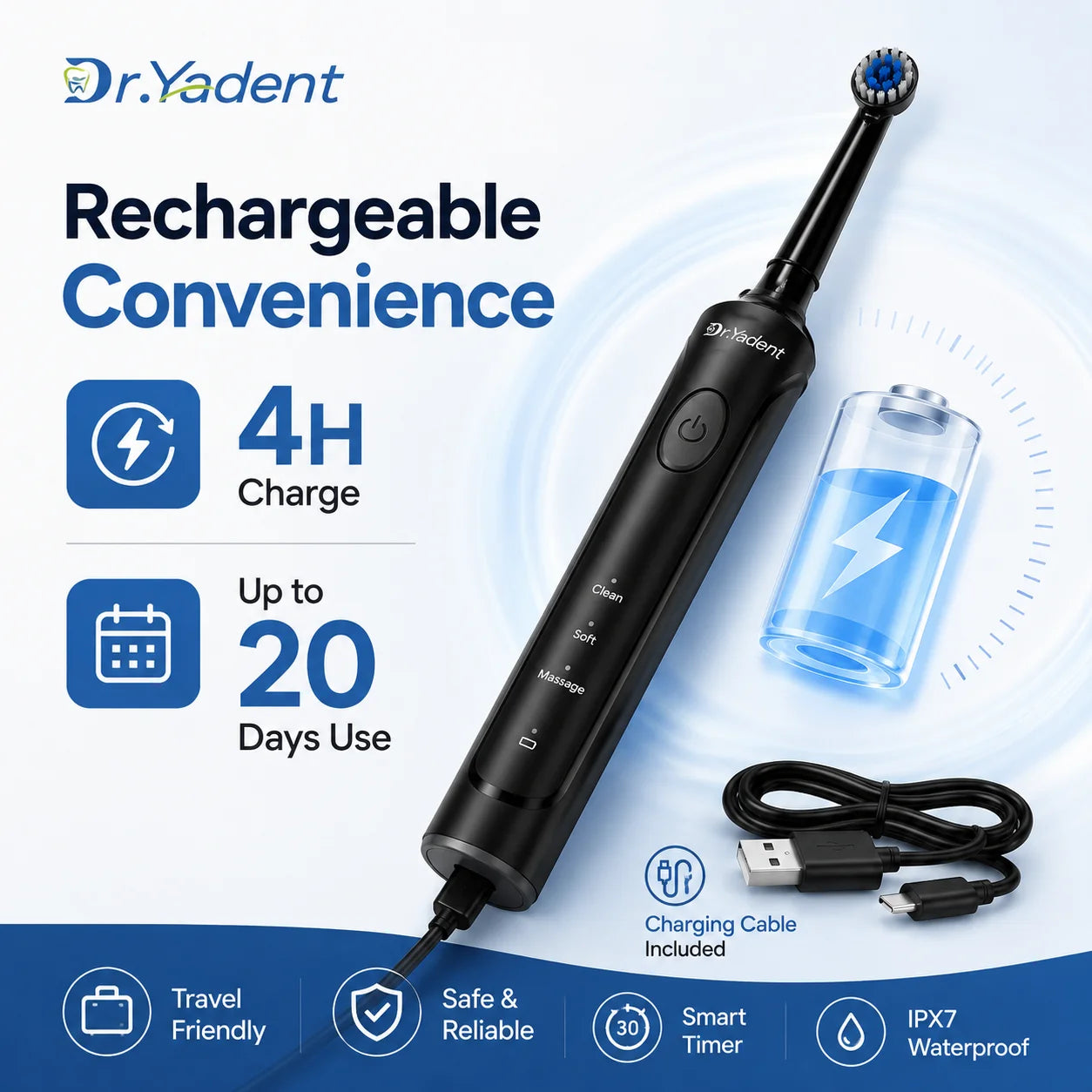 Dr.Yadent Rotating Electric Toothbrush IPX7 Waterproof 3 Modes 4 Toothbrush Head Rechargeable Battery for Adult Deeper Cleaning