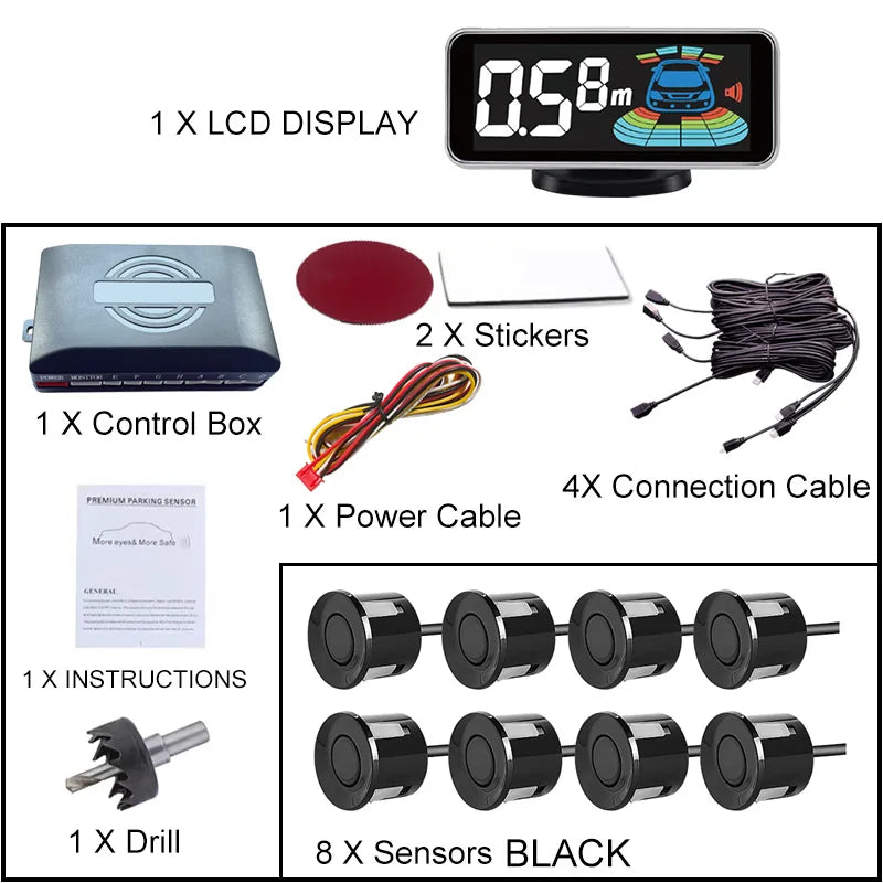 8 Radar Parking Sensor Kit Backlit LED Display Parktronic Backup Detector Assistant Car Parking System