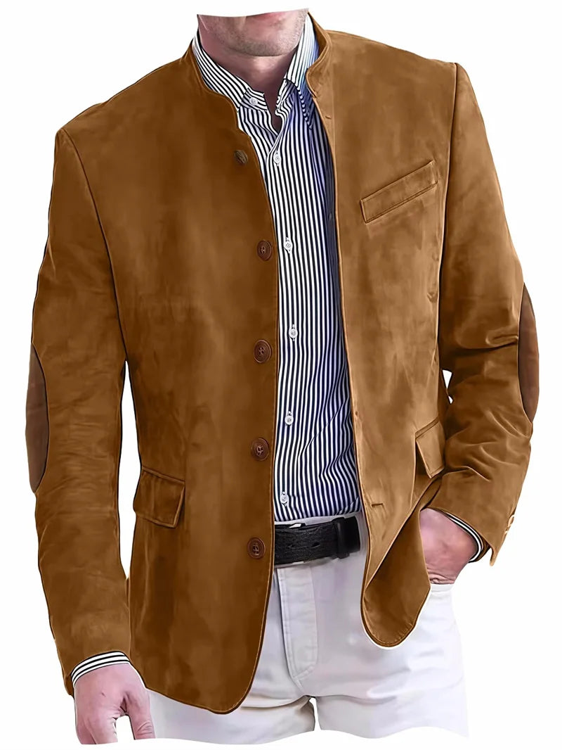 Men's Casual Blazer Flannel Suit Jacket With Elbow Patches Band Collar Brown Button Daily  Casual Slim Fit Customized Business