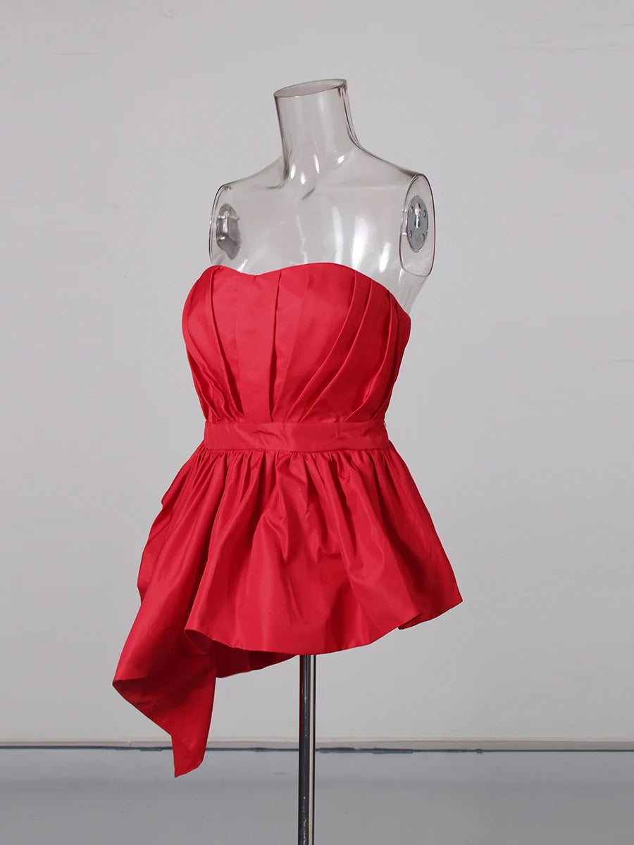 VGH Sexy Red Color Spliced Folds Tank Top for Women Sweatheart Neck Sleeveless Patchowrk Zipper Irregular Hem Vest Female Summer