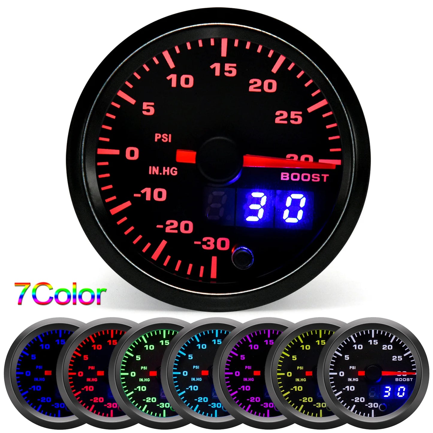 2" 52mm 7 Color LED Dual Display Gauge Boost PSI Boost BAR Water / Oil Temp Oil Pressure Voltmeter Air Fuel Ratio EGT Tachometer