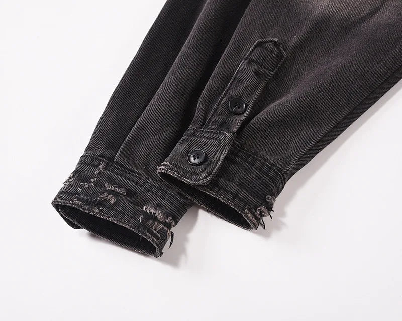 Men's High Street Ripped Jeans Jacket Fashion Streetwear Washed Vintage Loose Fit Y2K Distressed Denim Trucker Coat Outerwear