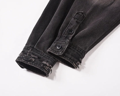 Men's High Street Ripped Jeans Jacket Fashion Streetwear Washed Vintage Loose Fit Y2K Distressed Denim Trucker Coat Outerwear
