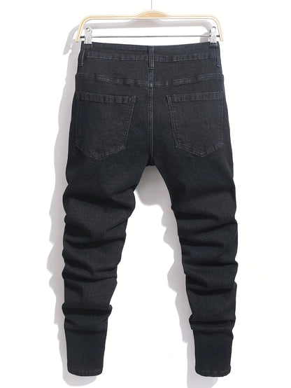 Men's Ripped Denim Jeans for Man High Stretch Skinny Biker Pants Casual Slim Fit Trousers with Patchwork Embroidery Streetwear