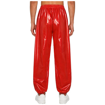 Mens Shiny Waterproof Jogging Pants Y2K Drawstring Elastic Waistband Side Pockets Track Baggy Glossy Pants Hip Hop Trousers