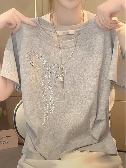 Elegant round Neck Short Sleeve T-Shirt Women's Summer New Style  Knot Rhinestone Embellished Slimming Chinese Design