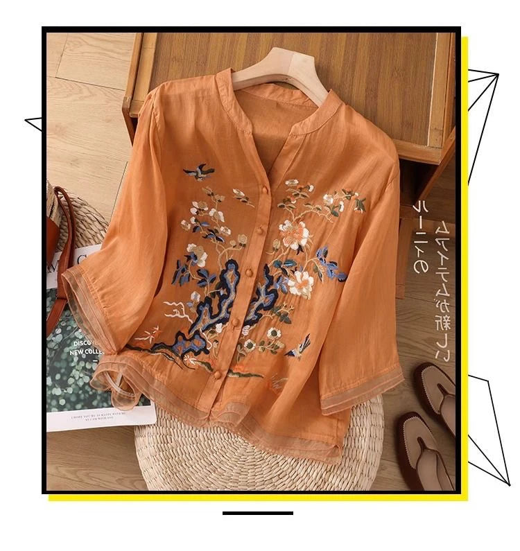 Large Size Mom Embroidered irt Women's Spring New Cotton Linen irt High End f Sve Seven Sve Women's Top