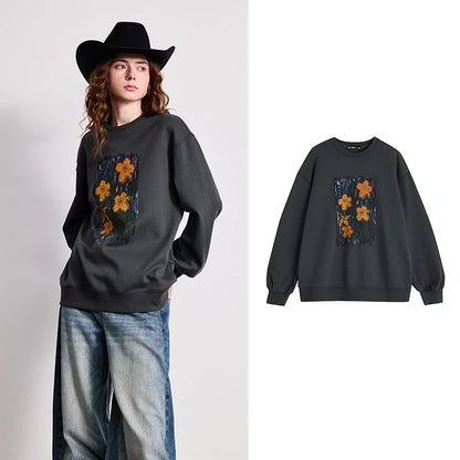 TOYOUTH Women Crew Neck Loose Sweatshirt 2026 Spring New Oil Painting Print Minimalist Chic Casual Top