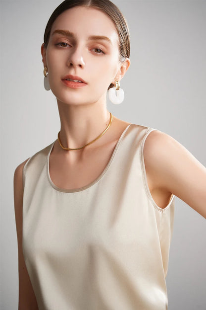 SuyaDream. Women Basic Cozy Tanks, 100%Real Silk, O neck Sleeveless Chic T Shirt, 2025 Solid Summer Vests, White, Pink, Beige