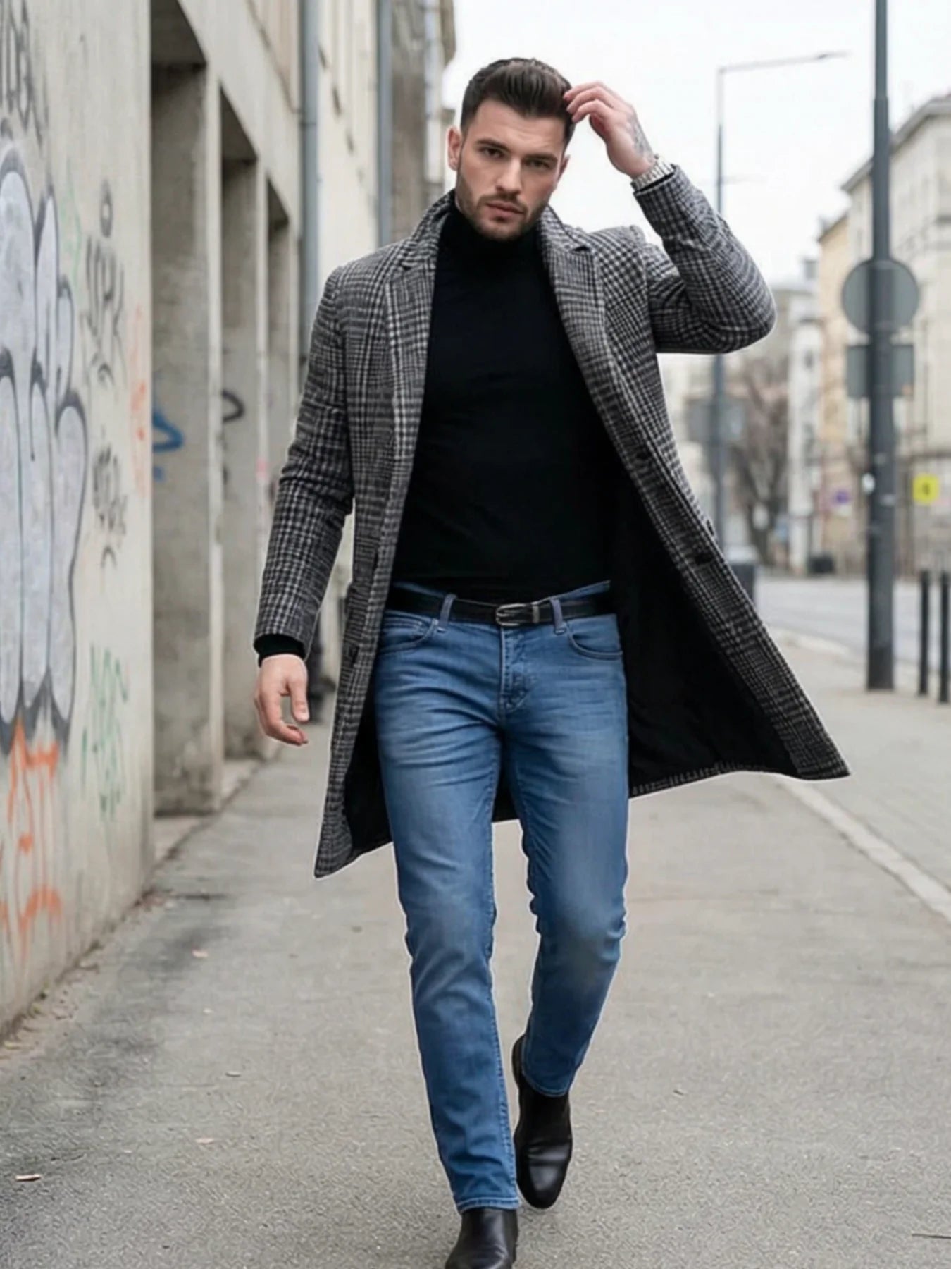 New Arrival Men's Checkered Woolen Overcoat Single Breasted Thickened With Lining Winter Commuting Outdoor Style Streetwear