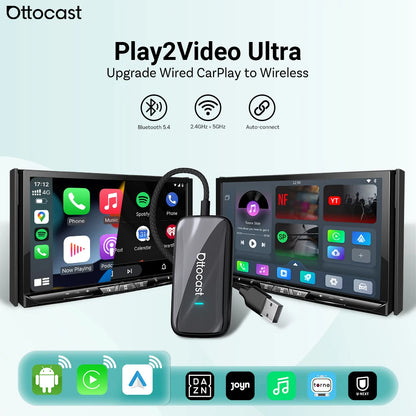 OTTOCAST Play2Video Ultra Wireless CarPlay AI BoxVideo Streaming forCar YouTube Netflix IPTV Plug&Play for Factory Wired CarPlay