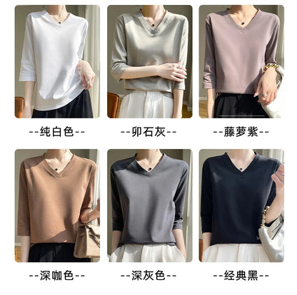 Spring And Summer New White Mercerized Cotton Cropped Sleeve T-shirt Feminine Joker 100% Cotton Bottoming Shirt Half Sleeve