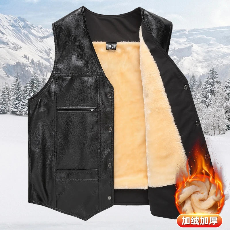 2025 Winter Men Thick Warm Fleece Leather Vest Coat  Male V-Neck Single Breasted Vest Casual Male Clothing Outerwear