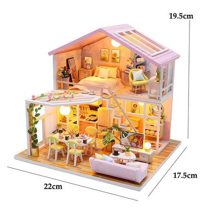 Wooden Miniature Doll House 3D Puzzle Assembly Model Building Toys Home Bedroom Decoration With Furniture LED Lights DollHouses